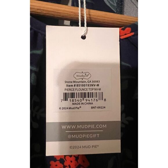 Mudpie Womens M Pierce Flounce Top Blue Statement Elbow Sleeve Floral Peplum New - Picture 12 of 14